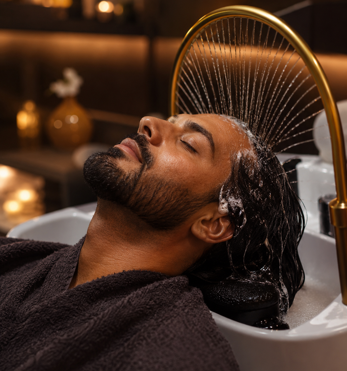 Un homme reçoit un soin du cuir chevelu sous une cascade d'eau, dans l'ambiance feutrée d'un head spa