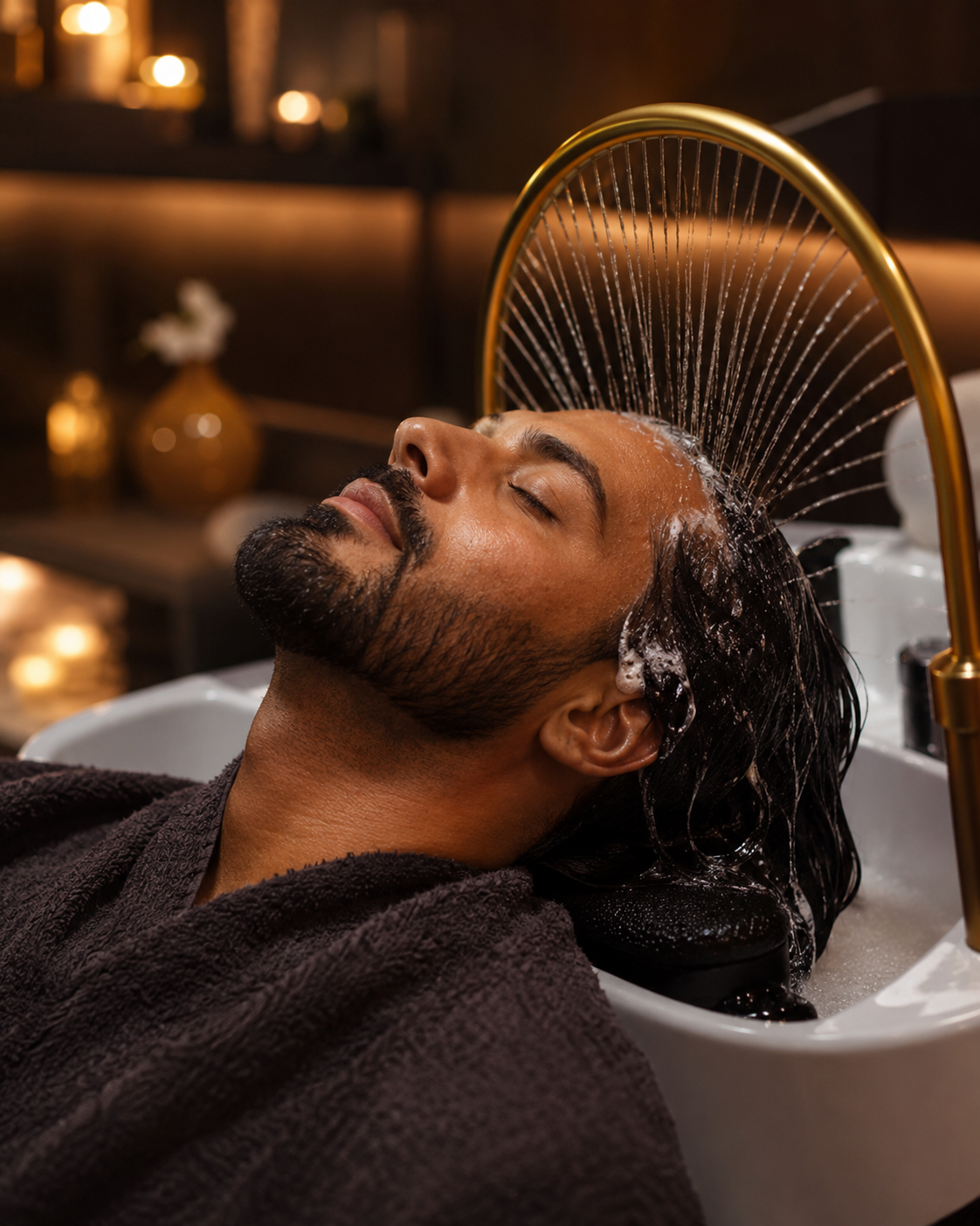 A man receives a scalp treatment under a cascade of water, in the hushed atmosphere of a head spa