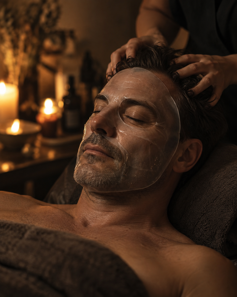 A man receiving a facial treatment, a translucent hydrogel mask on his skin, while hands massage his scalp in soft, warm light