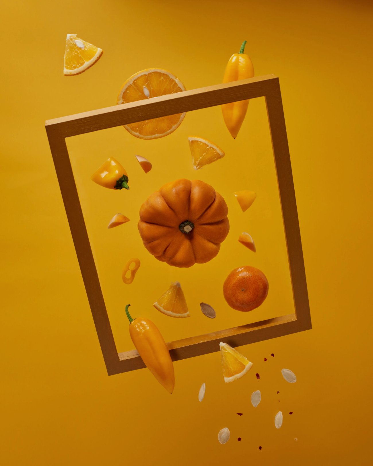 Gelbe und orange Herbstfrüchte und Gemüse um einen goldenen Rahmen, Energie und strahlende Haut